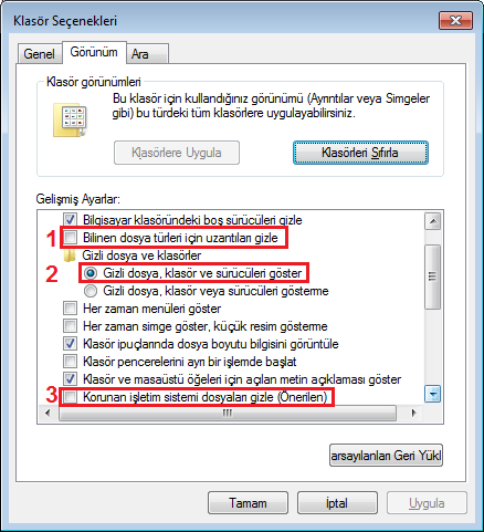 klasor secenekleri