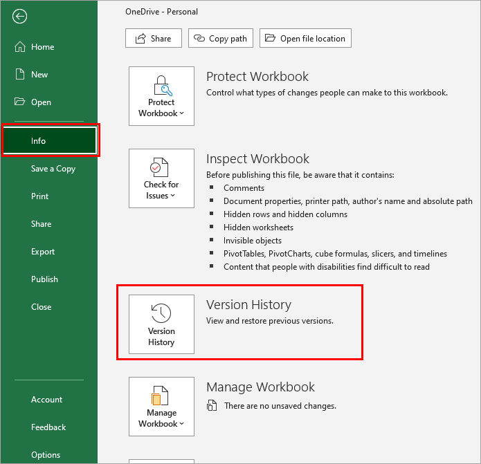version history button in